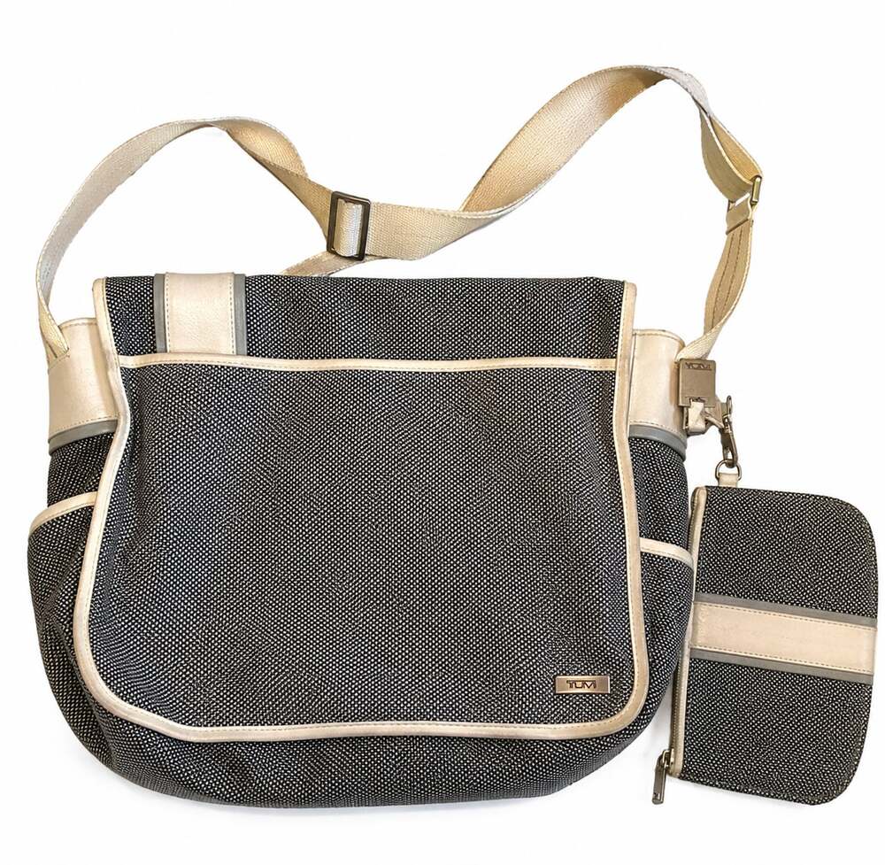 TUMI Elements Messenger Bag Gray White Ballistic Nylon Leather Crossbody